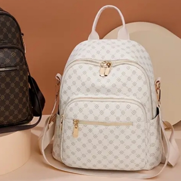 NEW White Geometric Stylish Anti-Theft Backpack with Adjustable Straps - Picture 3 of 5